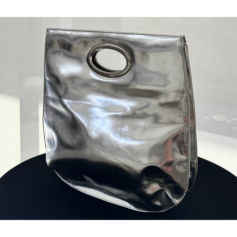 Vintage Y2K Metallic Silver Mirror Patent Leather Top Handle Tote Handbag